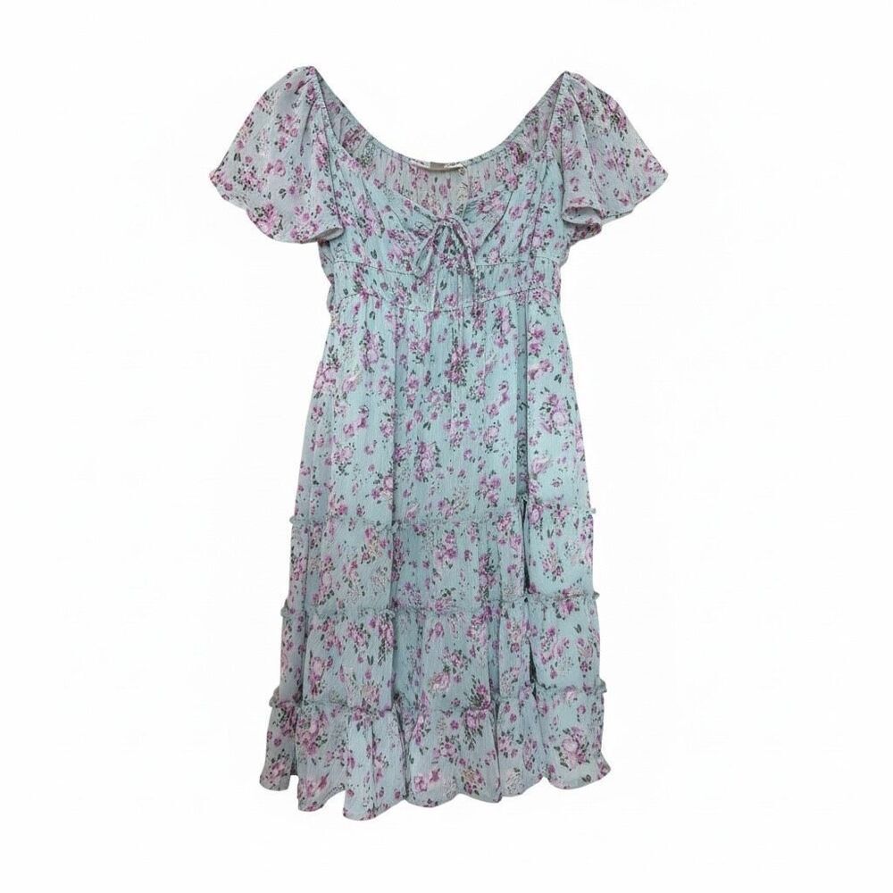 NWOT No Comment Nyla Floral Ruffle Tiered Mini Dress Blue Purple Size Small